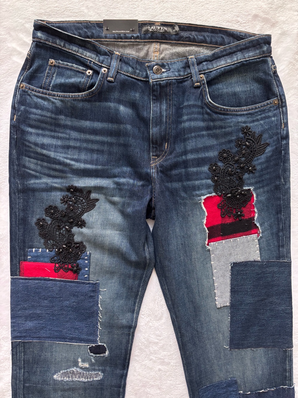 LAUREN RALPH LAUREN Patchwork Relaxed Tapered Lace Plaid Straight Jean--NWT--30 - Picture 7 of 16
